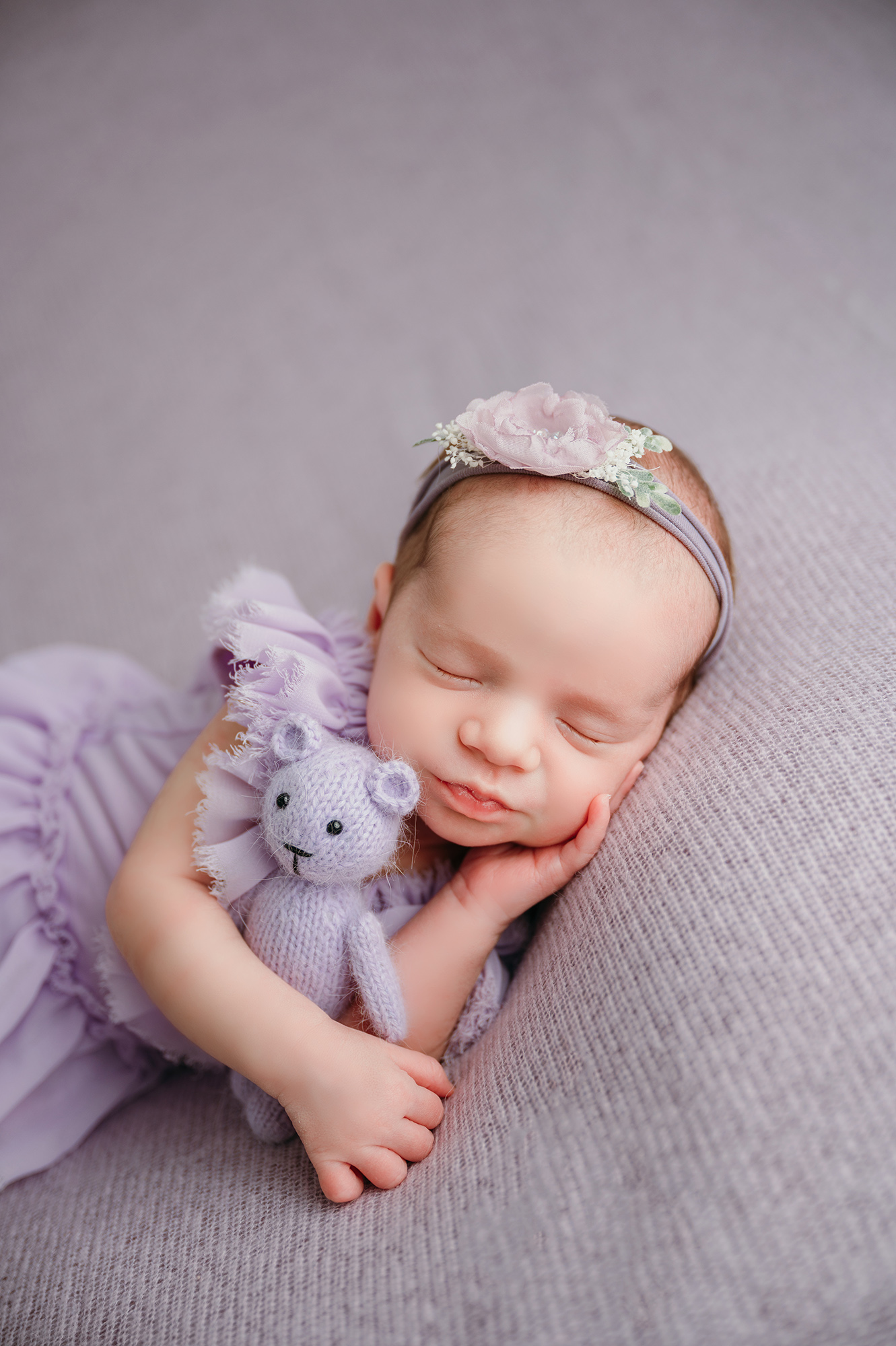 Elmira, NY Newborn Photo session | baby girl, bear lovie prop, purple newborn outfit